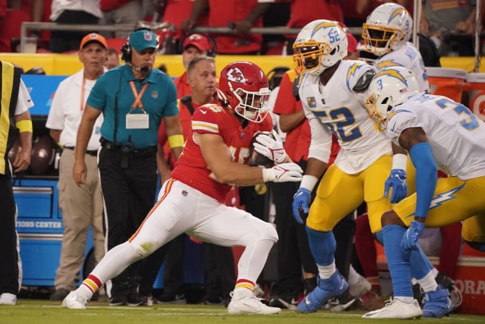 Kansas City Chiefs fullback Michael Burton (45) runs the ball against the Los Angeles Chargers. Mandatory Credit: Denny Medley-USA TODAY Sports